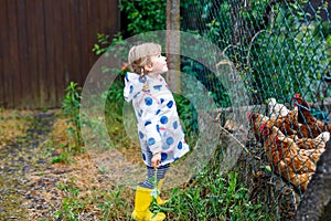 Outdoor portrait of happy smiling little toddler girl wearing rain jacket on rainy cloudy day feeding hen. Cute healthy photo