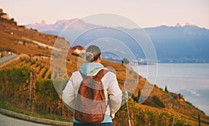 Outdoor portrait of middle age woman enjoing nice autumn day in vineyards