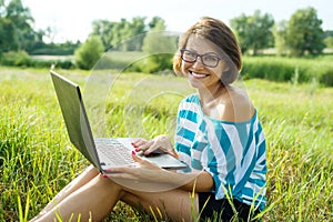 Outdoor portrait middle-aged woman freelancer