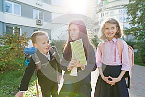 Outdoor portrait of smiling schoolchildren in elementary school. Group of kids with backpacks are having fun, talking, reading a