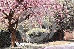 Outdoor portrait of young beautiful happy smiling lady posing near flowering tree. Model wearing stylish accessories