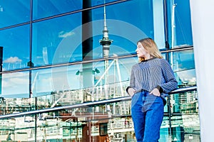 Outdoor portrait of young happy smiling teen girl enjoying her t