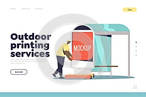 Outdoor printing services landing page with advertising agency worker put poster on bus station