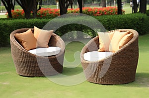 Outdoor rattan chairs patio. Generate Ai