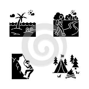 Outdoor recreation black glyph icons set on white space