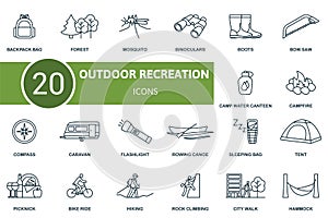 Outdoor recreation outline icons set. Creative icons: backpack bag, forest, mosquito, binoculars, boots, bow saw, camp