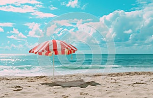 an outdoor red and white striped umbrella on a beach