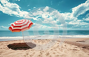 an outdoor red and white striped umbrella on a beach