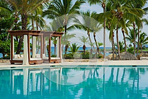 Outdoor resort pool Swimming pool of luxury hotel. Swimming pool in luxury resort near the sea. Tropical Paradise. Swimming pool