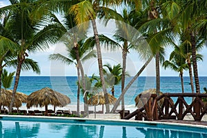 Outdoor resort pool Swimming pool of luxury hotel. Swimming pool in luxury resort near the sea. Tropical Paradise. Swimming pool
