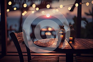 Outdoor restaurant at the beach. Table setting at tropical beach restaurant. beautiful sunset sky, sea view. Luxury