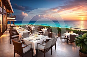 Outdoor restaurant at the beach. Table setting at tropical beach restaurant. beautiful sunset sky, sea view. Luxury