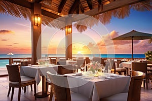 Outdoor restaurant at the beach. Table setting at tropical beach restaurant. beautiful sunset sky, sea view. Luxury