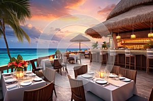 Outdoor restaurant at the beach. Table setting at tropical beach restaurant. beautiful sunset sky, sea view. Luxury