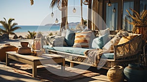 Outdoor restaurant at the beach. Table setting at tropical beach restaurant. Led light candles and wooden tables, chairs under