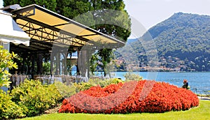 An outdoor restaurant with beautiful view on Lake Como, Italy