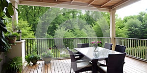 Outdoor restaurant house terrace exterior by green foliage of trees around the nobody chairs