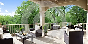 Outdoor restaurant house terrace exterior by green foliage of trees around the nobody chairs