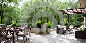 Outdoor restaurant house terrace exterior by green foliage of trees around the nobody chairs