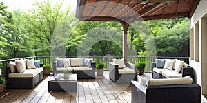 Outdoor restaurant house terrace exterior by green foliage of trees around the nobody chairs