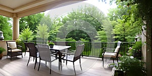 Outdoor restaurant house terrace exterior by green foliage of trees around the nobody chairs