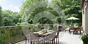 Outdoor restaurant house terrace exterior by green foliage of trees around the nobody chairs