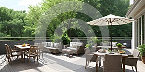 Outdoor restaurant house terrace exterior by green foliage of trees around the nobody chairs