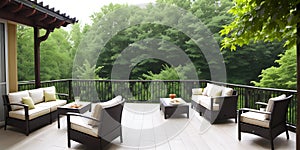Outdoor restaurant house terrace exterior by green foliage of trees around the nobody chairs