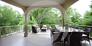 Outdoor restaurant house terrace exterior by green foliage of trees around the nobody chairs