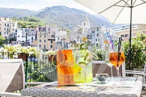 Outdoor restaurant in a public patio in a seaside location