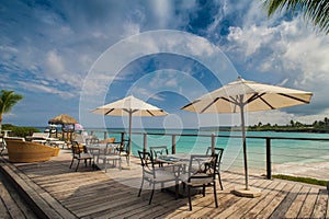 Outdoor restaurant at the seashore. Table setting