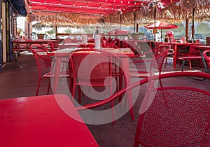 Outdoor restaurant seating in red