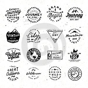 Outdoor retro logos bundle. Vector adventure logos pack with rough and distressed effect