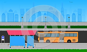 Outdoor road in the city orange bus stop at station pole lamp sign horizontal vector illustration eps10