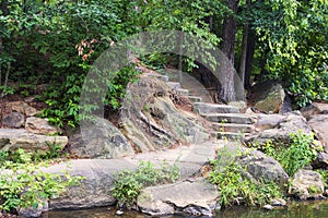 The outdoor rock stairs at Historic Yates Mill County Park