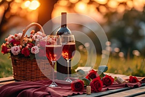 Outdoor romance Valentines Day picnic featuring wine, roses, and tranquility