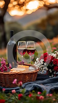 Outdoor romance Valentines Day picnic featuring wine, roses, and tranquility