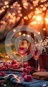Outdoor romance Valentines Day picnic featuring wine, roses, and tranquility