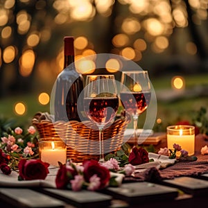 Outdoor romance Valentines Day picnic featuring wine, roses, and tranquility