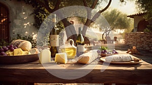 Outdoor rustic table with cheese, wine and olive oil in an italian scenery. food. traditional food. picnic. Table with plates and