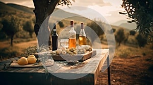 Outdoor rustic table with cheese, wine and olive oil in an italian scenery. food. traditional food. picnic. Table with plates and