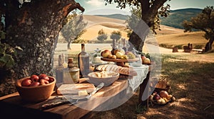 Outdoor rustic table with cheese, wine and olive oil in an italian scenery. food. traditional food. picnic. Table with plates and