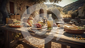 Outdoor rustic table with cheese, wine and olive oil in an italian scenery. food. traditional food. picnic. Table with plates and