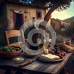 Outdoor rustic table with cheese, wine and olive oil in an italian scenery.generative ai