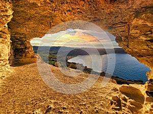 Outdoor scenic pictures landscape of mountains, sand and rocks. A desert view from a cave. Goreme village. Spelunking quest