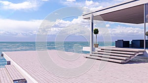 Outdoor seaside wooden balcony deck and beautiful sea view, 3d rendering