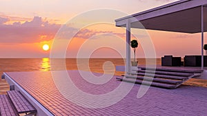 Outdoor seaside wooden balcony deck and beautiful sea view on sunset sky, 3d rendering