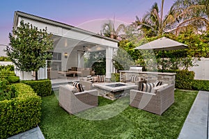 Outdoor seating area in a new construction home in Encino, California