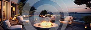 outdoor seating area with several chairs arranged around a fire pit on residential house terrace.