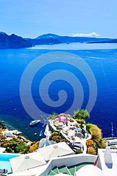 Outdoor seating at the terrace,Oia,Santorini island, Caldera, Ae